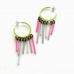 fringe earrings with a circle stud in green with neon green and grey fringe