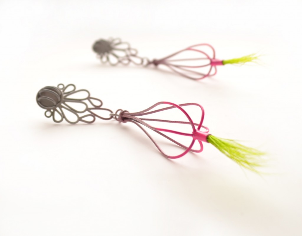 large cage earrings with ombre powdercoat from neon pink to grey with chartreuse fur