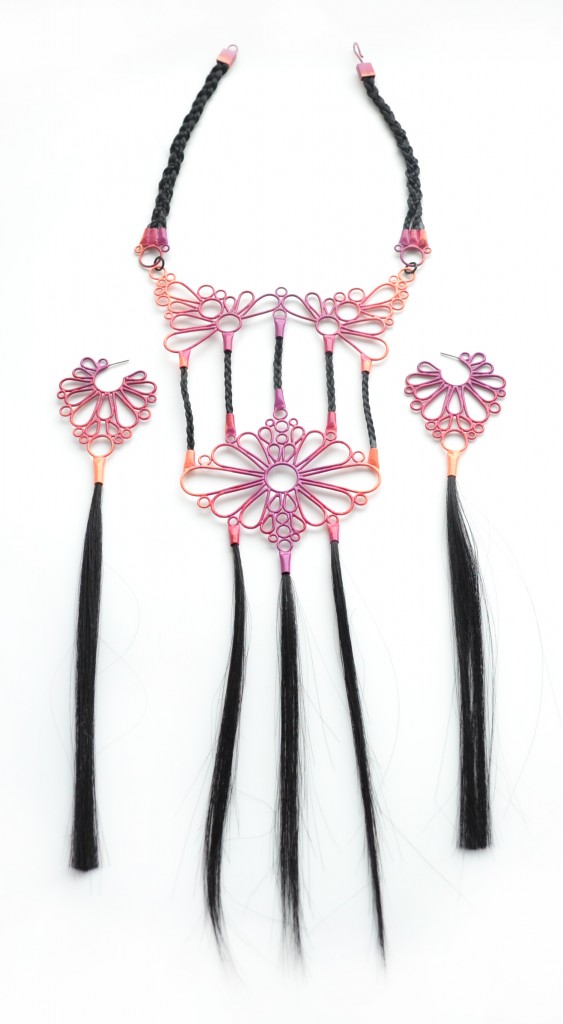 large necklace in neon pink powdercoat with long syntheitc hair