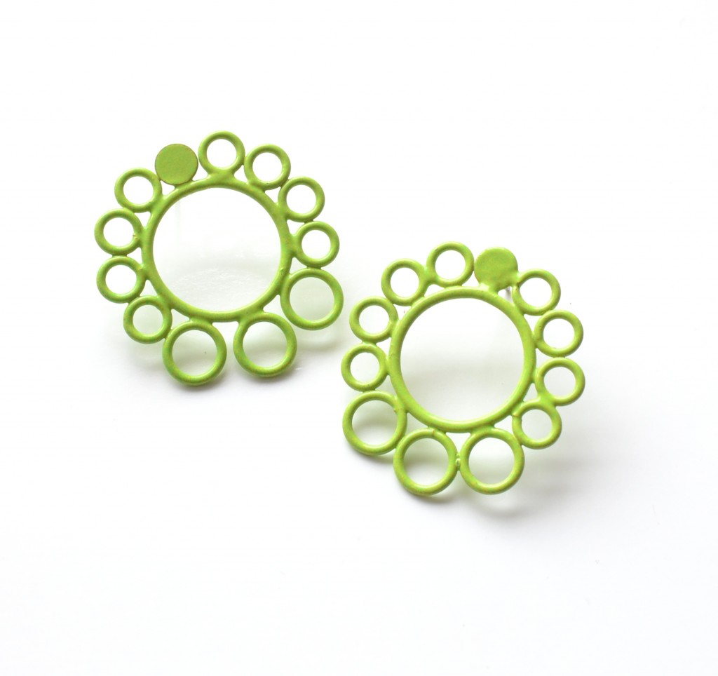 neon green powdercoat circle earrings handmade by Studio METHOD(E) in Quebec City
