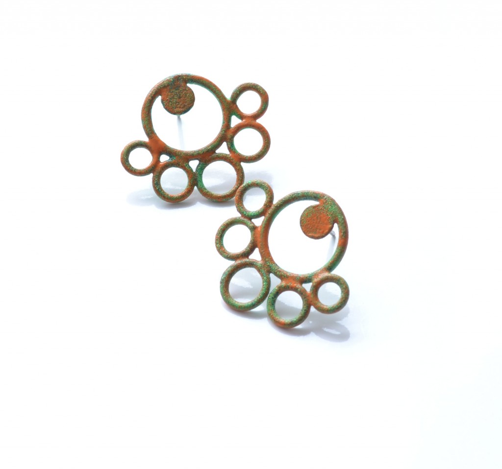 green and orange powder coated earrings from 2012 jewellery line