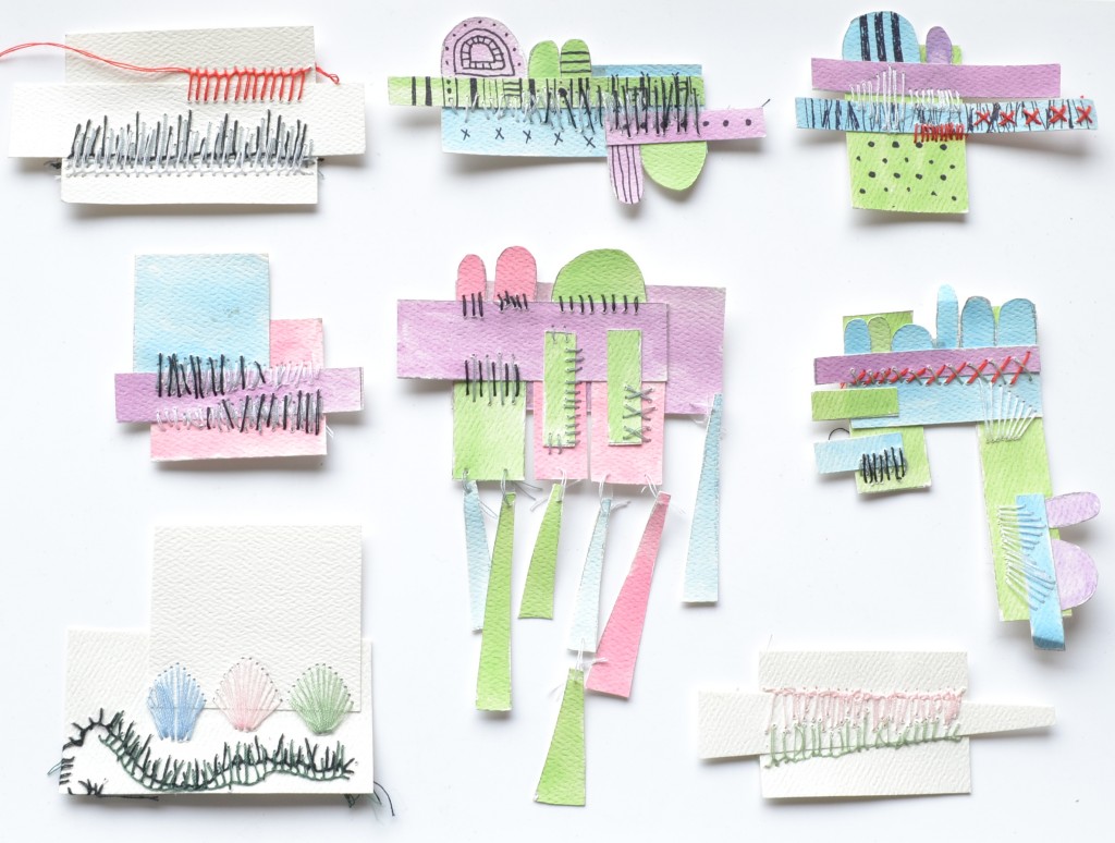 paper sample pieces cut and sewn in different forms for new brooch series