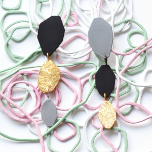 large drop post earrings in chrome and matte black with gold leaf, available on etsy