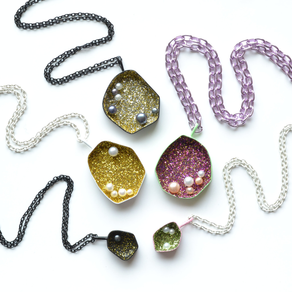 sparkle geode necklaces powder coated in pastel colours