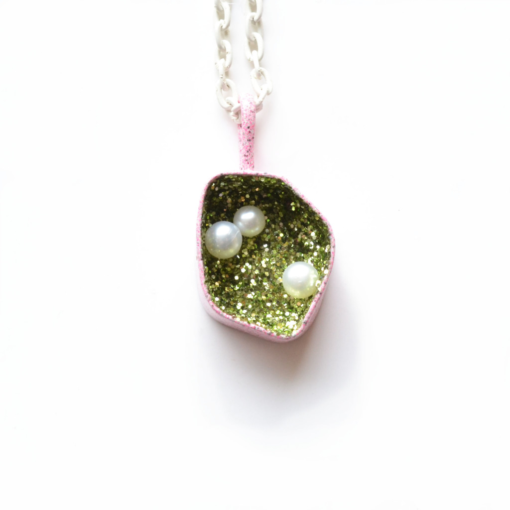 powdercoat pink small geometric pendant with green glitter and white pearls