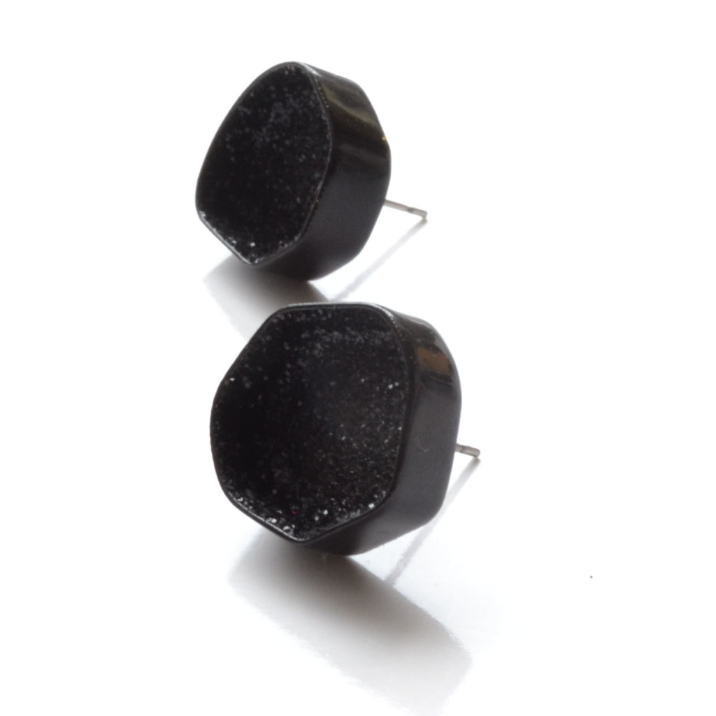 black powder coat geometric stud earrings with black glitter