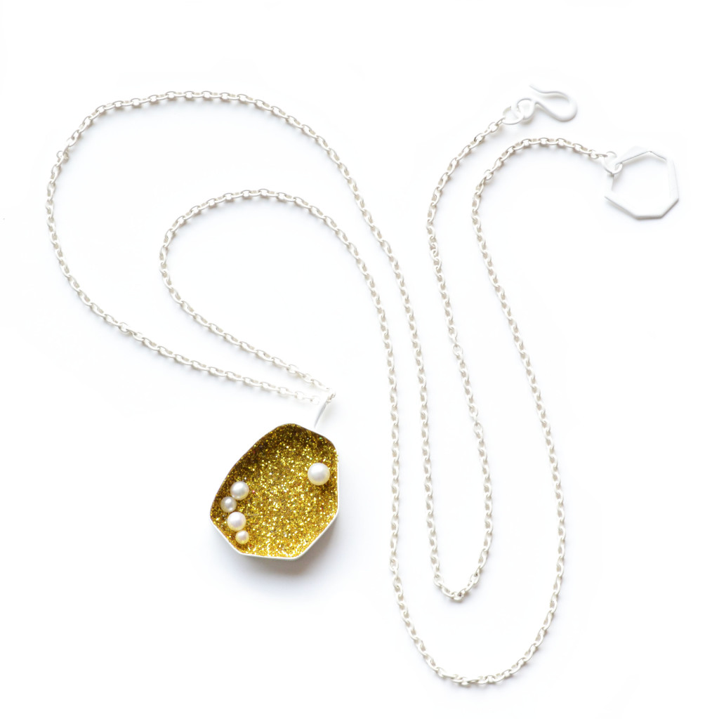powdercoat white pendant with gold glitter white pearl white chain