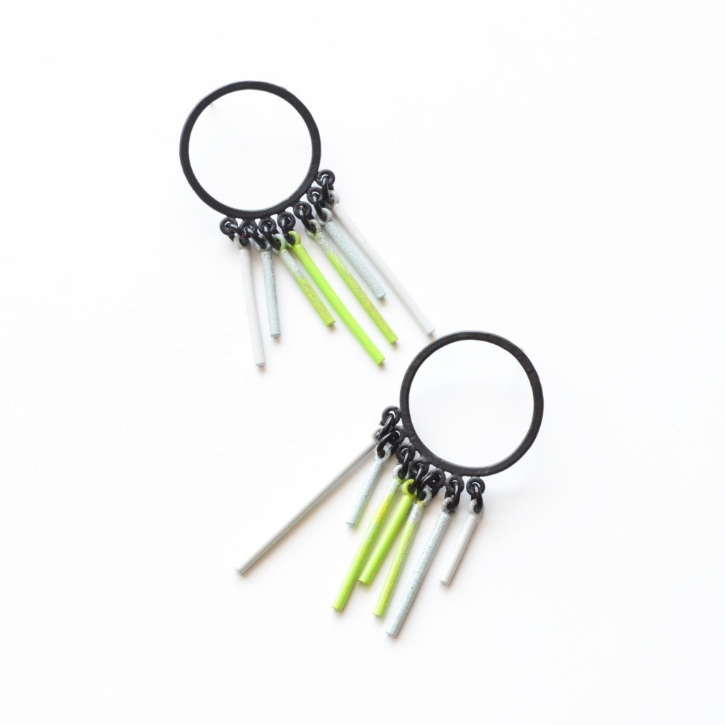 black circle fringe stud earrings with neon green and grey ombre fringe