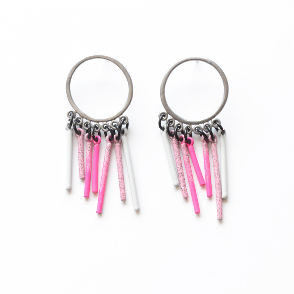 Chrome hoop earrings with neon pink to grey powdercoated ombre fringe