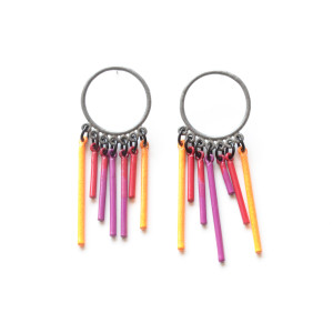 Chrome circle stud earrings with neon orange, red and violet fringe