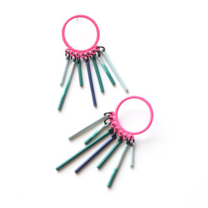 neon pink circle post earrings with emerald and light blue fringe