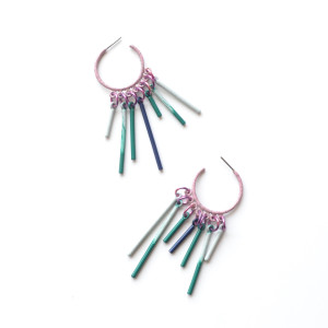 dusty pink circle side hoop earrings with turquoise and grey fringe